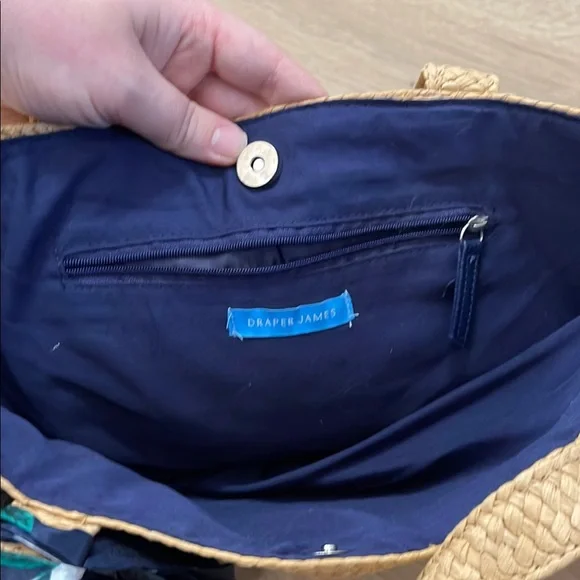 Tan and Blue Tote Bag with Floral Accent - Picture 3 of 4